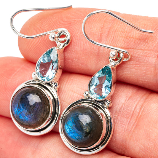 Silver-tone labradorite earrings with round blue cabochon and blue teardrop tops