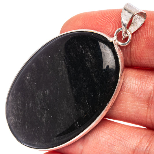 Silver-plated obsidian oval pendant with loop bail and dark stone cabochon
