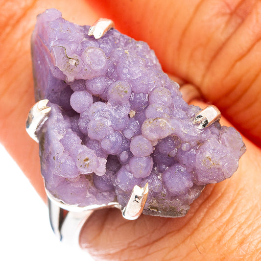 Grape agate sterling silver ring, close-up of purple druzy stone with silver side prongs