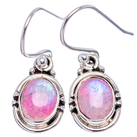 Sterling silver hook earrings with pink oval moonstone cabochon and textured halo