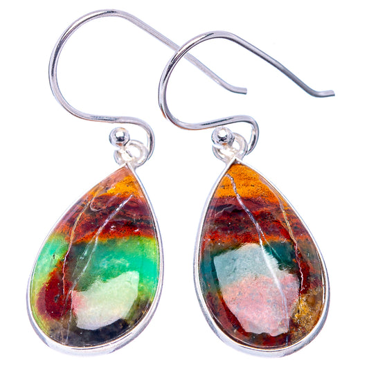 Sterling silver teardrop bloodstone earrings, dangling pair with vivid red green orange stone
