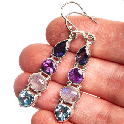 Rainbow Moonstone, Amethyst, Blue Topaz, Tanzanite 925 Sterling Silver Earrings 2"
