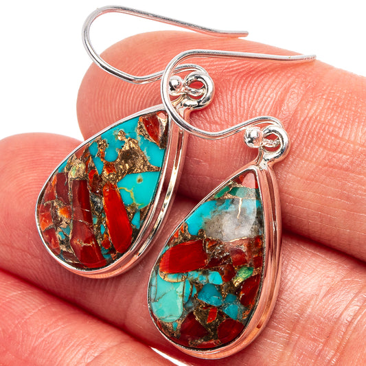 Turquoise, red, and coral matrix teardrop earrings on sterling silver hooks (close-up)