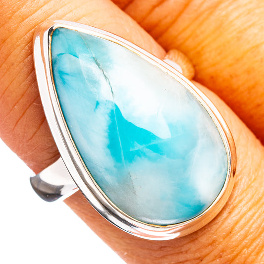 Teardrop larimar stone ring in .925 sterling silver with blue marbled center