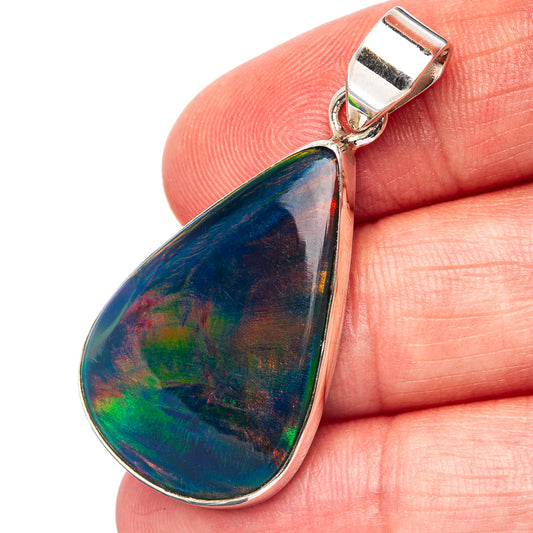 Sterling silver teardrop opal pendant with iridescent blue-green-red stone and loop bail