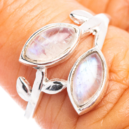 Sterling silver leaf dainty ring with oval moonstone cabochons, size 6