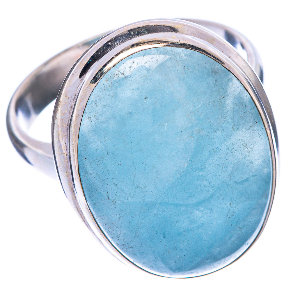 Aquamarine oval cabochon ring in 925 sterling silver, angled view with wide band
