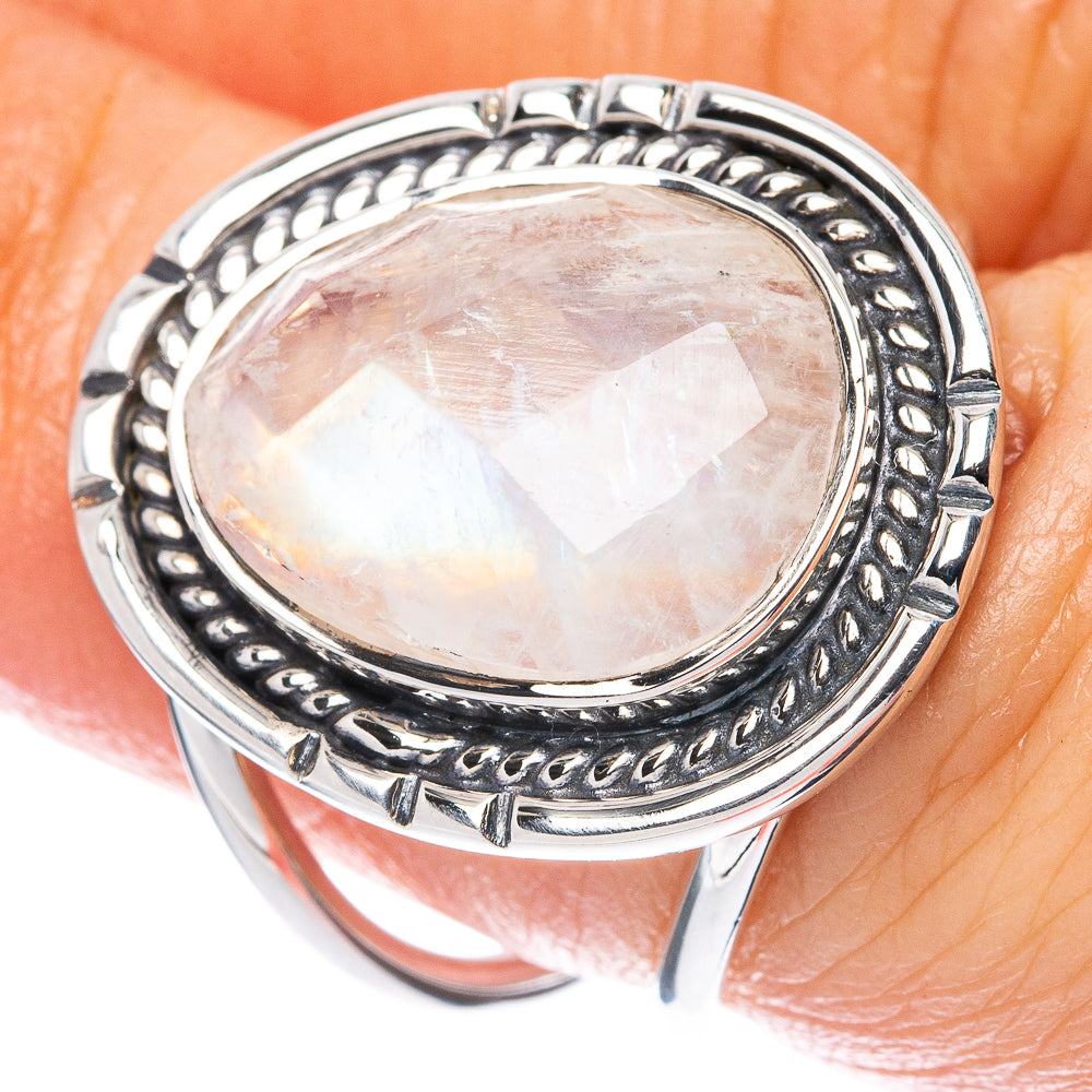 925 sterling silver ring with oval rainbow moonstone and ornate bezel setting