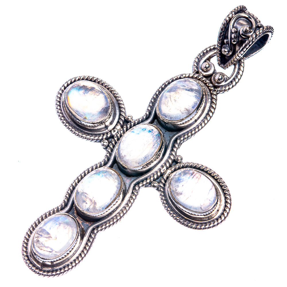 Front-view sterling silver cross pendant with five oval opalescent moonstone-style stones