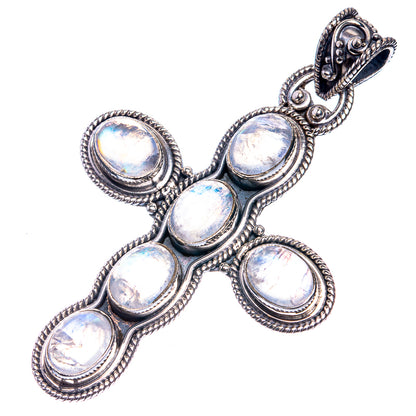 Front-view sterling silver cross pendant with five oval opalescent moonstone-style stones