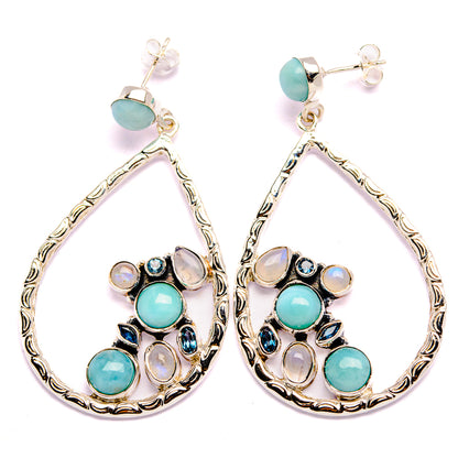 Signature Larimar, Rainbow Moonstone, Blue Topaz Earrings 2 1/4" (925 Sterling Silver) EARR431977