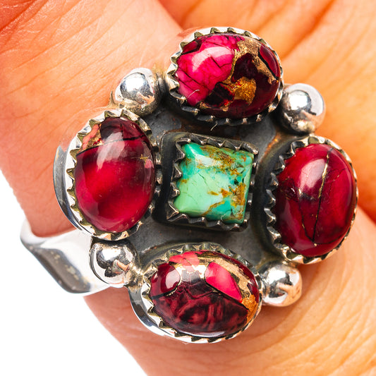 Sterling silver adjustable ring with red oval and turquoise inlay gemstone settings