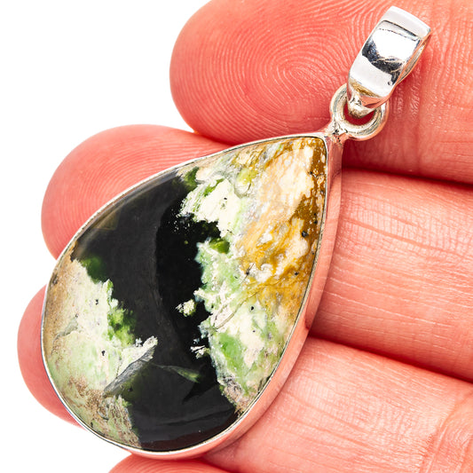 Chrome chalcedony teardrop pendant in .925 sterling silver, green and dark mottled stone.