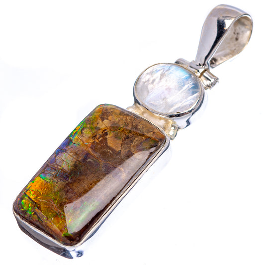Sterling silver pendant with rectangular ammolite and oval moonstone cabochon, loop bail