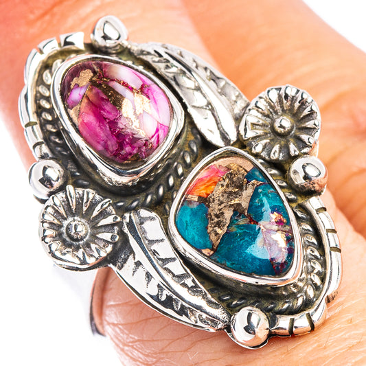 Sterling silver oval gemstone ring with pink and turquoise cabochons, ornate settings