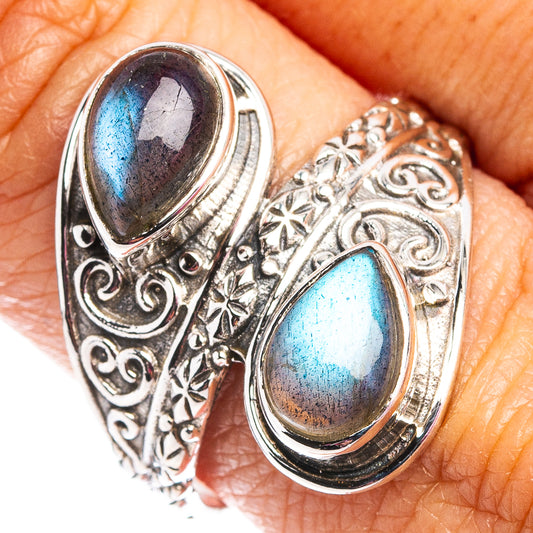 Sterling silver labradorite ring with two oval blue stones and ornate filigree details