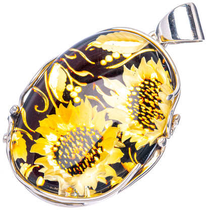 Amber Intaglio Sunflower Pendant 2" (925 Sterling Silver) P42586