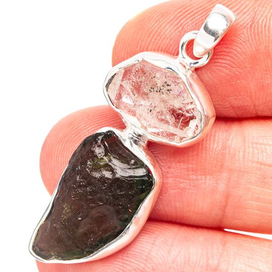 Sterling silver gemstone pendant with dark green and pink translucent stones