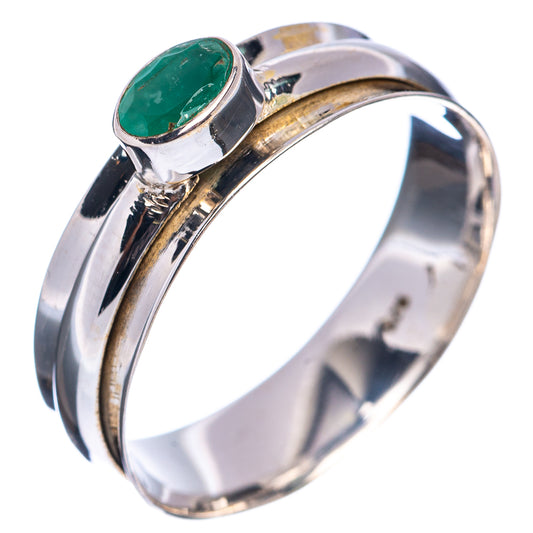 Sterling silver band ring with bezel-set oval green gemstone, shiny polished finish