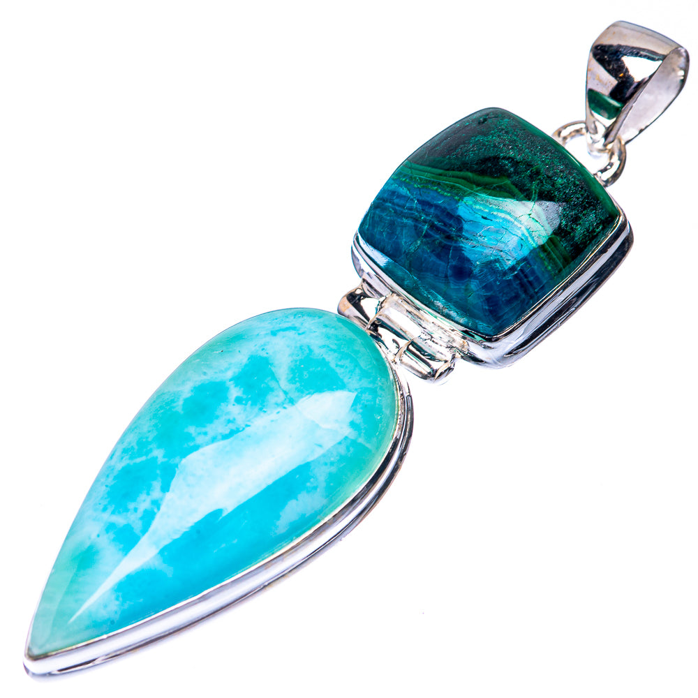 Sterling silver pendant with large light blue teardrop and dark green-blue cabochon