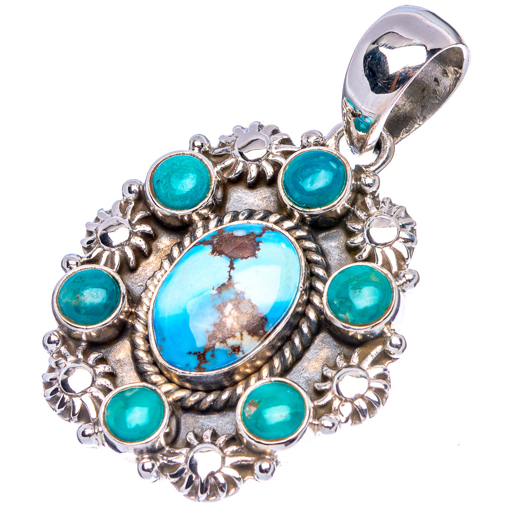 Turquoise and blue oval cabochon pendant with round teal stones and .925 sterling silver bail