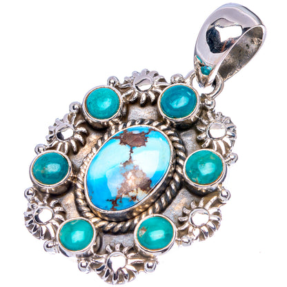 Turquoise and blue oval cabochon pendant with round teal stones and .925 sterling silver bail