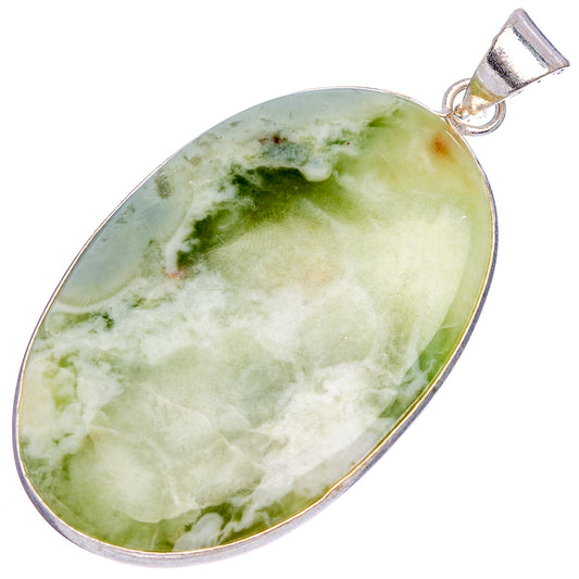 Silver-plated oval serpentine pendant with green veined stone and bail ring