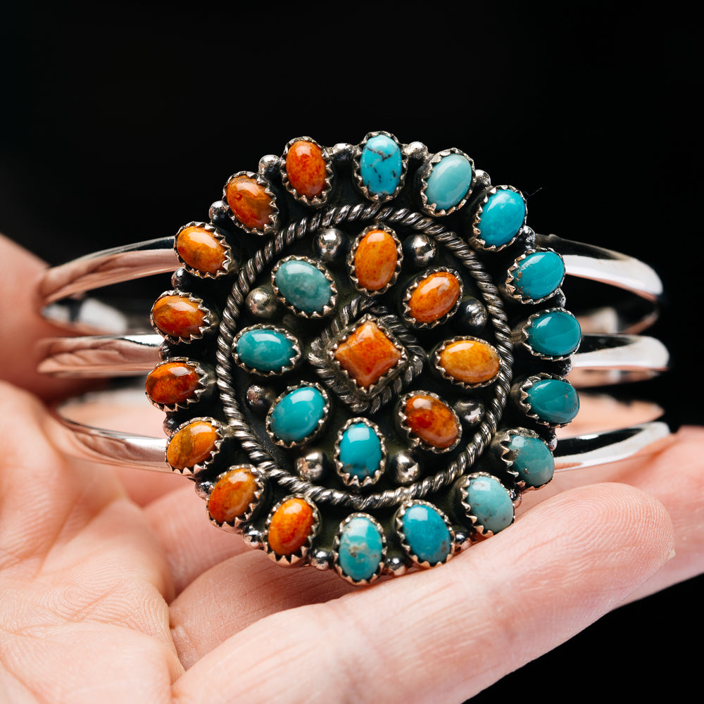Premium Kingman Turquoise, Sponge Coral Cuff Bracelet Adjustable (.925 Sterling Silver)