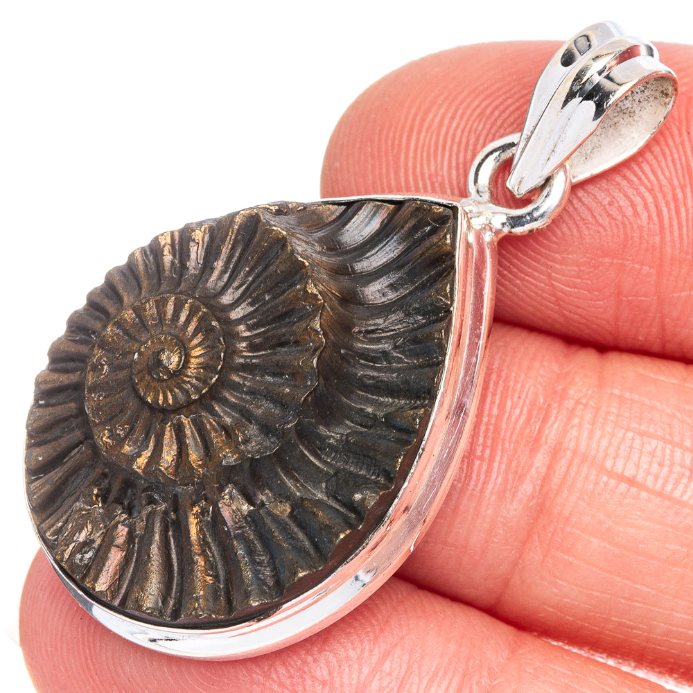 Ammonite fossil pendant in oxidized bronze with sterling silver bezel and bail