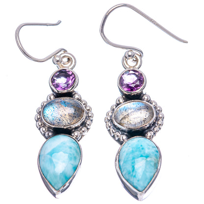 Premium Larimar, Labradorite, Amethyst Earrings 1 5/8" (.925 Sterling Silver)