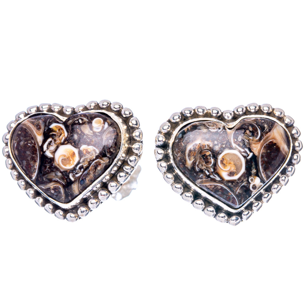 Pair of 925 sterling silver heart earrings with turritella agate cabochons and beaded rims