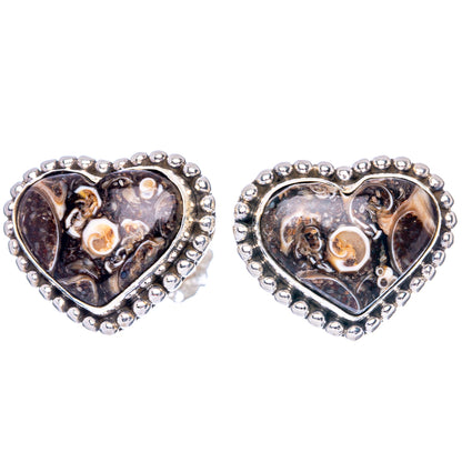 Pair of 925 sterling silver heart earrings with turritella agate cabochons and beaded rims