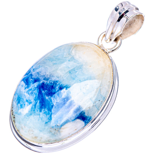 Oval blue-and-white gemstone pendant, silver frame and bail on top