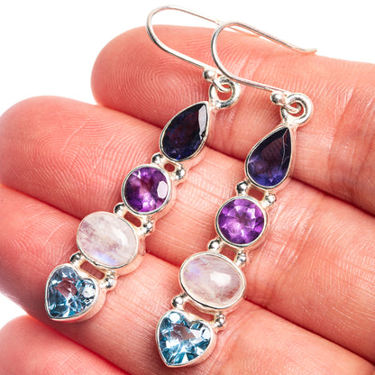 Rainbow Moonstone, Tanzanite, Amethyst, Blue Topaz Earrings 2" (925 Sterling Silver) E432999