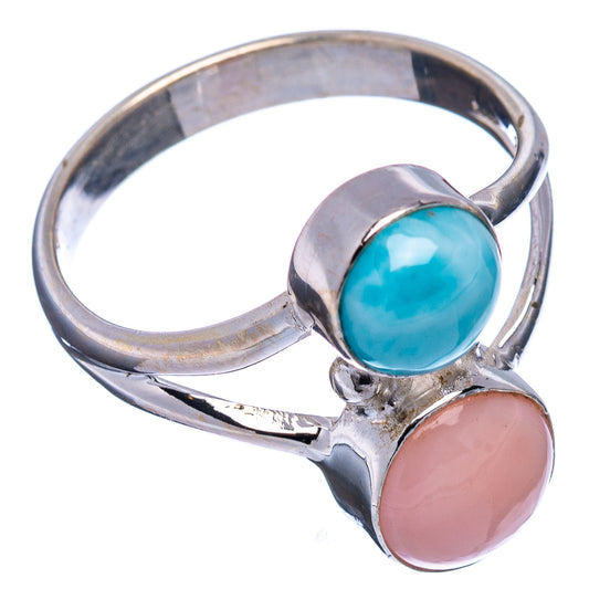 Sterling silver gemstone ring with oval blue Larimar and pink opal cabochons
