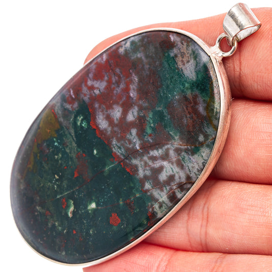 Silver-plated bloodstone pendant, teardrop stone with green and red speckles, bail