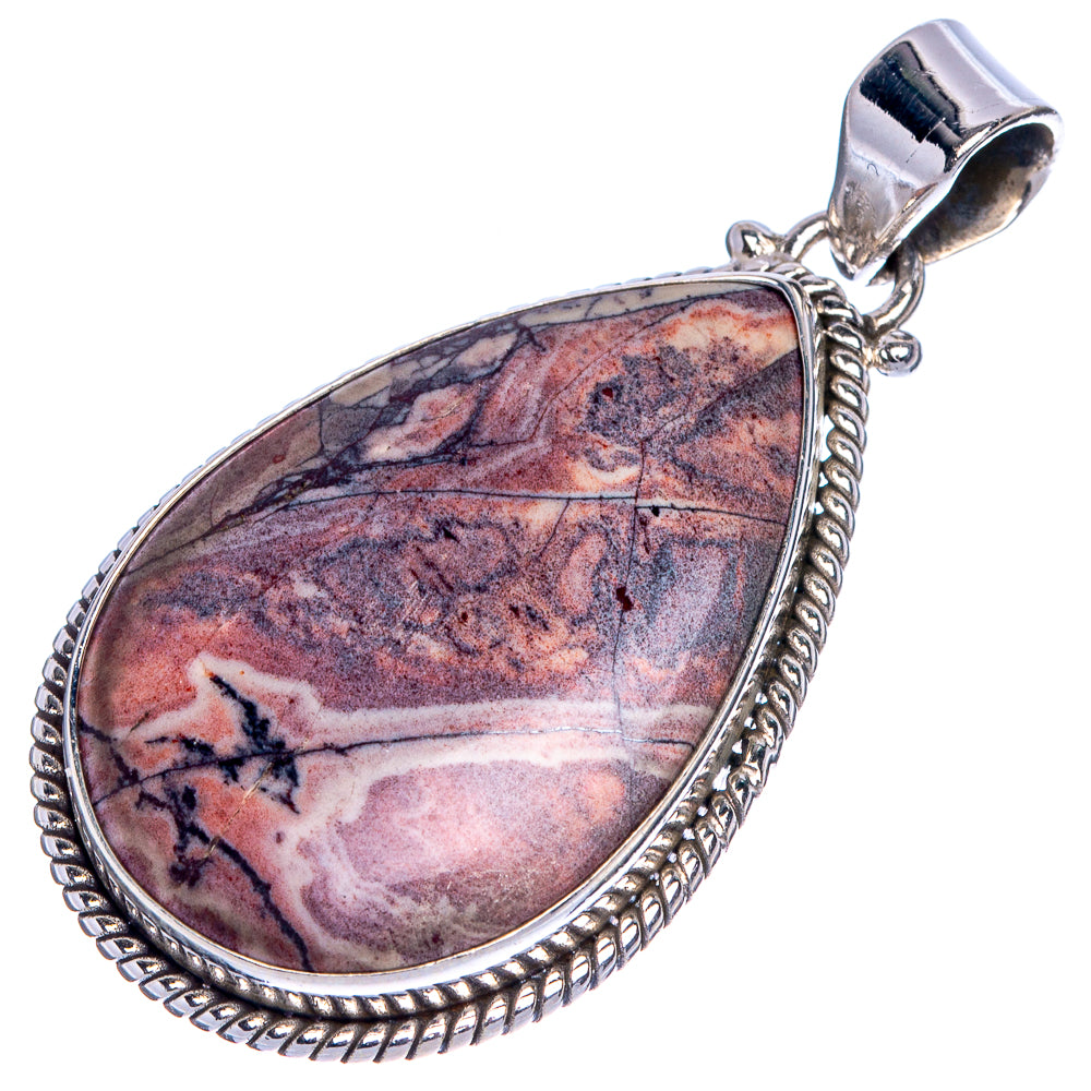 Teardrop rosetta jasper pendant in 925 sterling silver with rope border and bail.