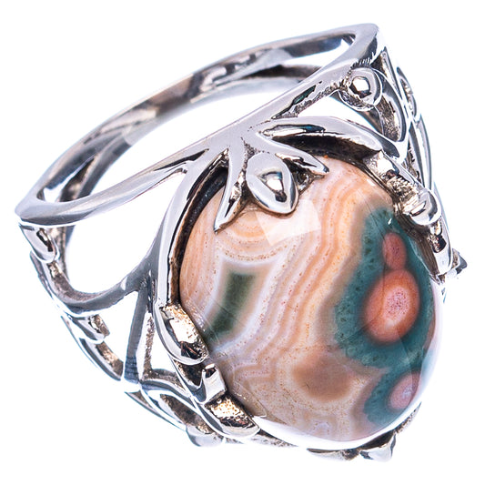 Sterling silver openwork band ring with oval ocean jasper cabochon and claw details