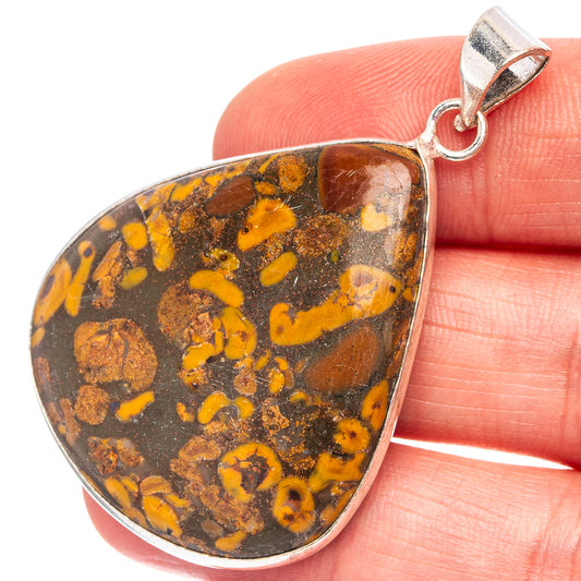 Bamboo jasper teardrop pendant with silver-plated bail, orange and brown stone pattern