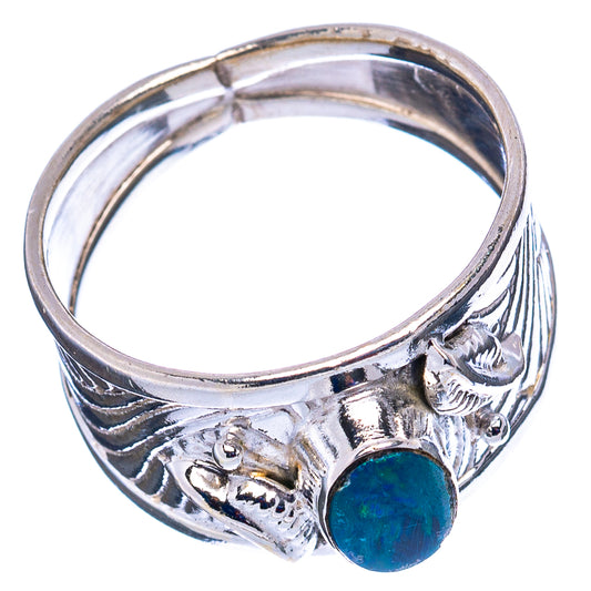 Sterling silver opal ring, blue round doublet bezel with leaf and swirl engraving, size 7.75