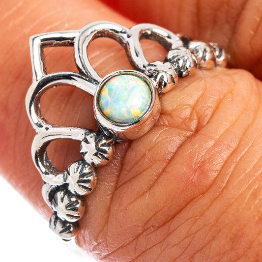 Lab opal crown dainty ring in .925 sterling silver with round opal cabochon
