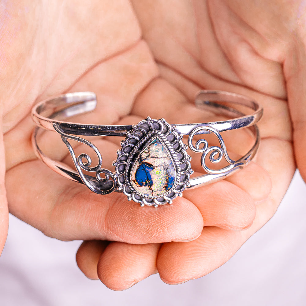 Sterling Opal Cuff Bracelet Adjustable (.925 Sterling Silver)