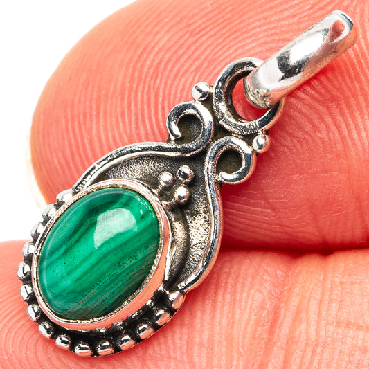 Malachite dainty pendant in oval green stone with .925 sterling silver bail