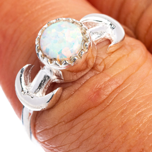 Sterling silver opal dainty ring with round opal center in bezel setting