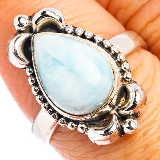 925 sterling silver larimar ring with oval light-blue stone and beaded bezel
