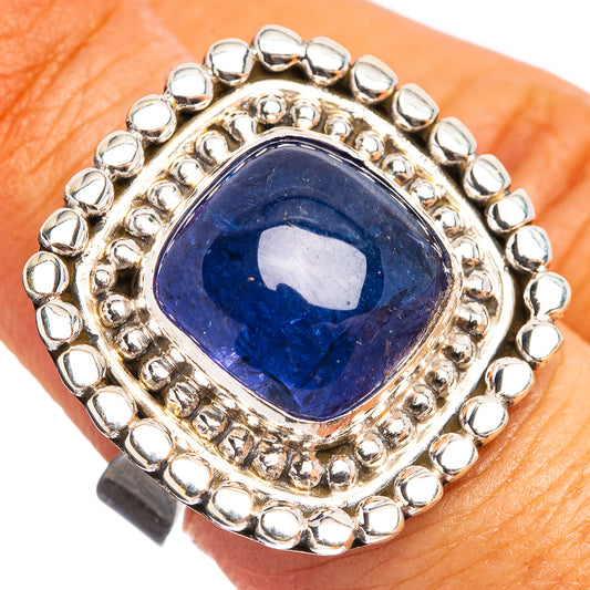 Oval blue gemstone tanzanite ring in .925 sterling silver with beaded halo