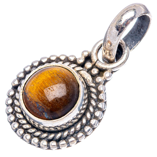 Sterling silver tiger's eye pendant with round yellow-brown stone and textured bead frame