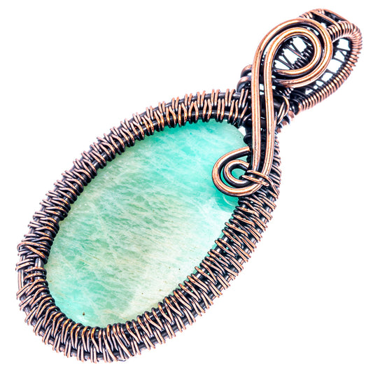 Oval green amazonite wire-wrap pendant with oxidized copper spiral frame and bail