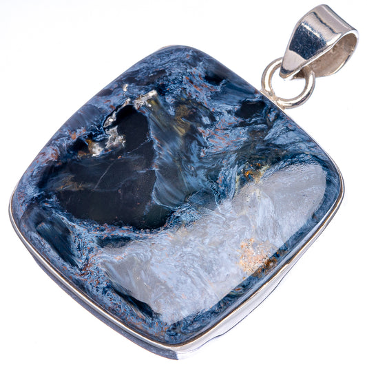 Pietersite pendant showing light blue veining, .925 sterling silver edge and bail
