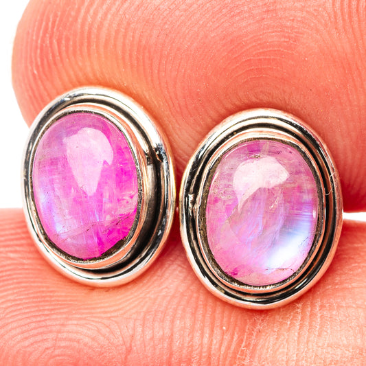 Pair of pink oval moonstone cabochon earrings in .925 sterling silver bezel frame